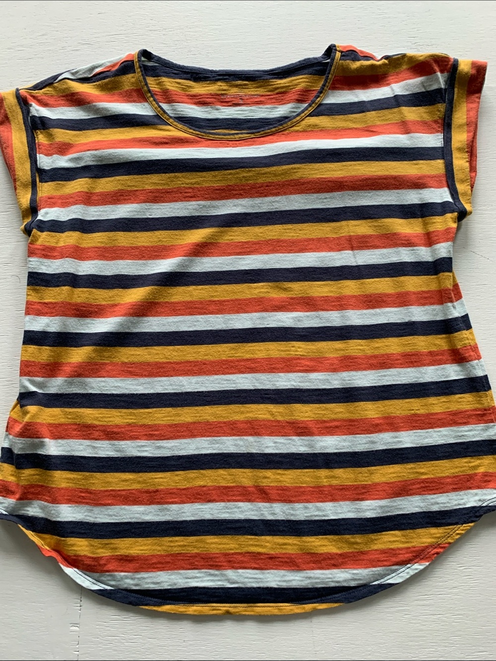 L.L. Bean Signature Striped Short Sleeve Tee in Mustard, Midnight & orange small